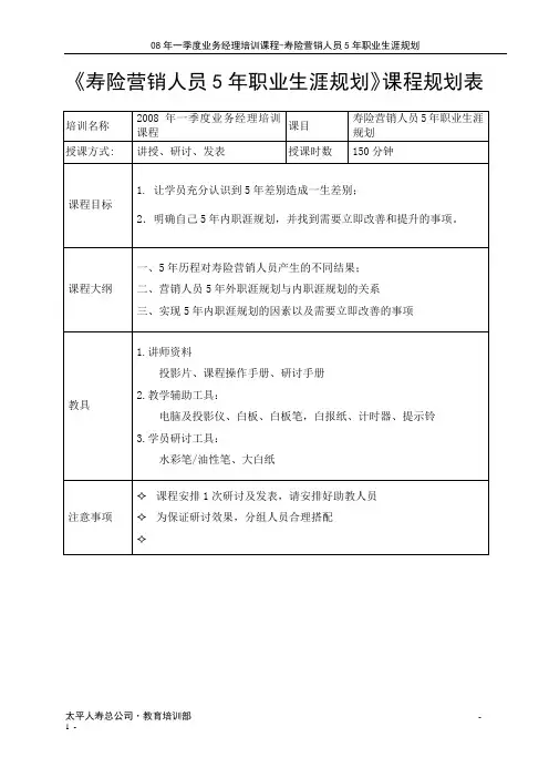 《寿险营销人员5年职业生涯规划》课程操作手册
