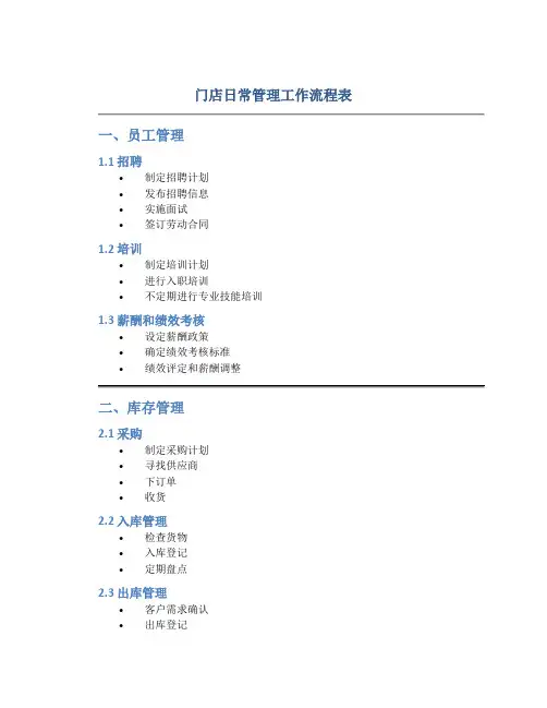 门店日常管理工作流程表