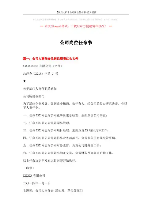 【优质文档】公司岗位任命书-范文模板 (7页)