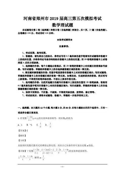 河南省郑州市2019届高三第五次模拟考试数学理试题