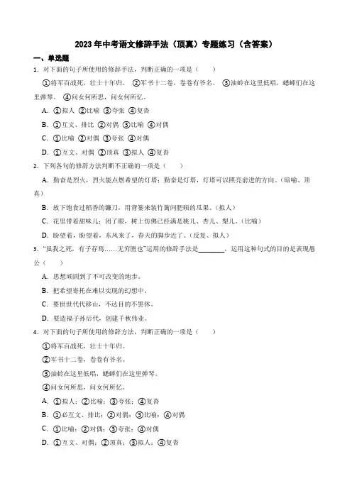 2023年中考语文修辞手法(顶真)专题练习(含答案)