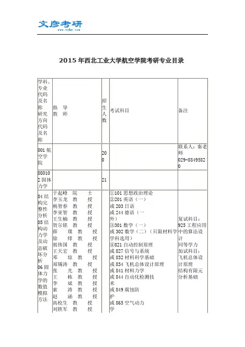 2015年西北工业大学航空学院考研专业目录_西北工业大学考研论坛