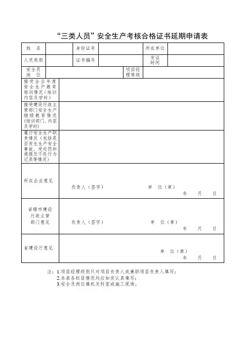 三类人员安全生产考核合格证书延期申请表