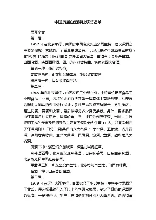 中国历届白酒评比获奖名单