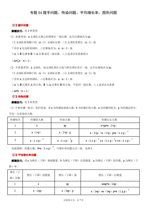 初中数学精品试题：一元二次方程握手问题、传染问题、平均增长率、图形问题