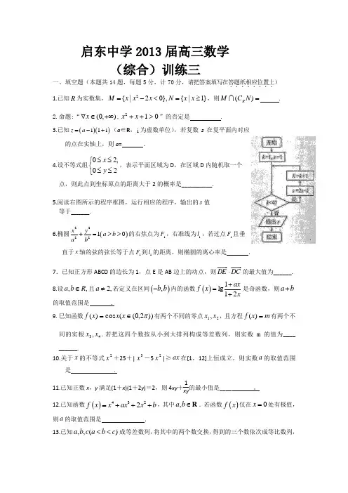 启东中学2013届高三数学综合训练 含答案