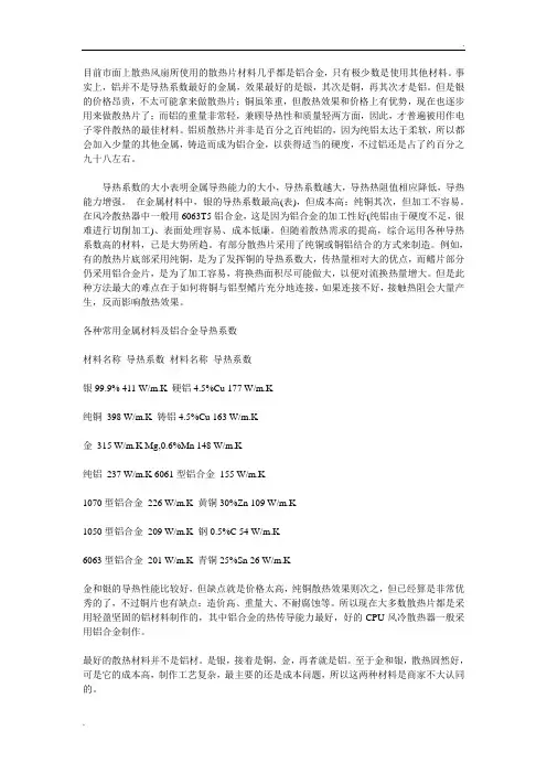 各种常用金属材料及铝合金导热系数