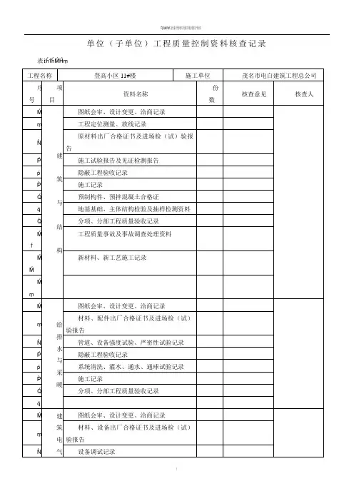 单位(子单位)工程质量控制资料核查记录表G.0.1-2