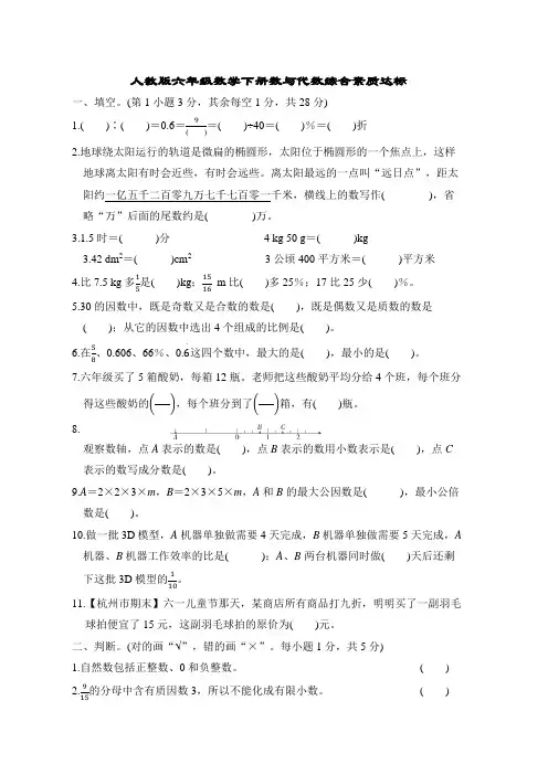 人教版六年级数学下册期末数与代数综合素质达标试卷附答案 (1)