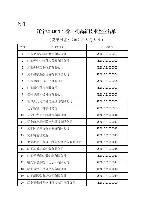 辽宁省2017年第一批高新技术企业名单