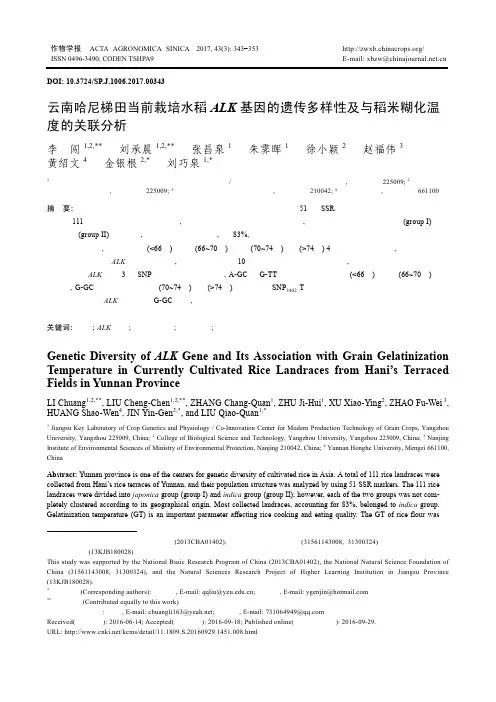云南哈尼梯田当前栽培水稻ALK基因的遗传多样性及与稻米糊化温度的关联分析