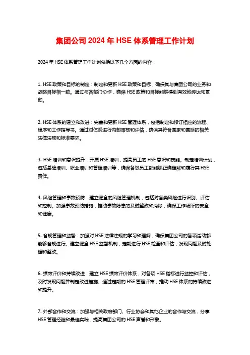 集团公司2024年HSE体系管理工作计划