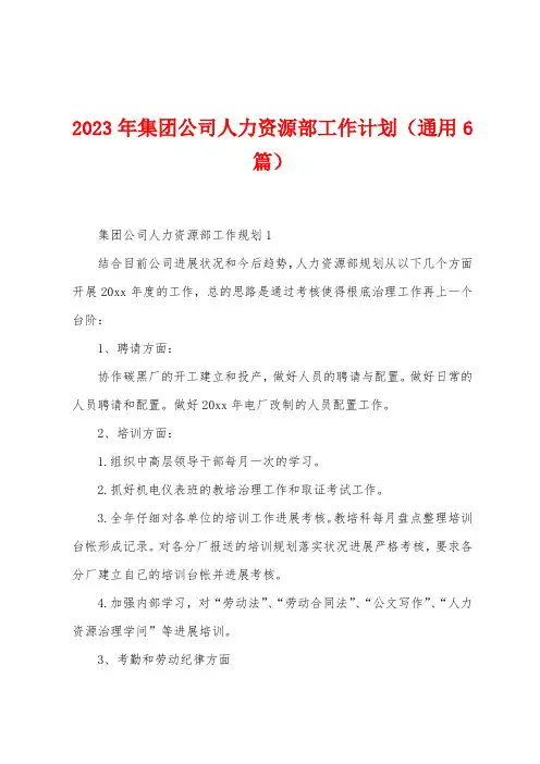 2023年集团公司人力资源部工作计划(6篇)
