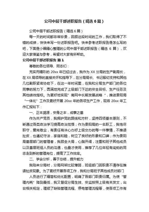 公司中层干部述职报告（精选6篇）