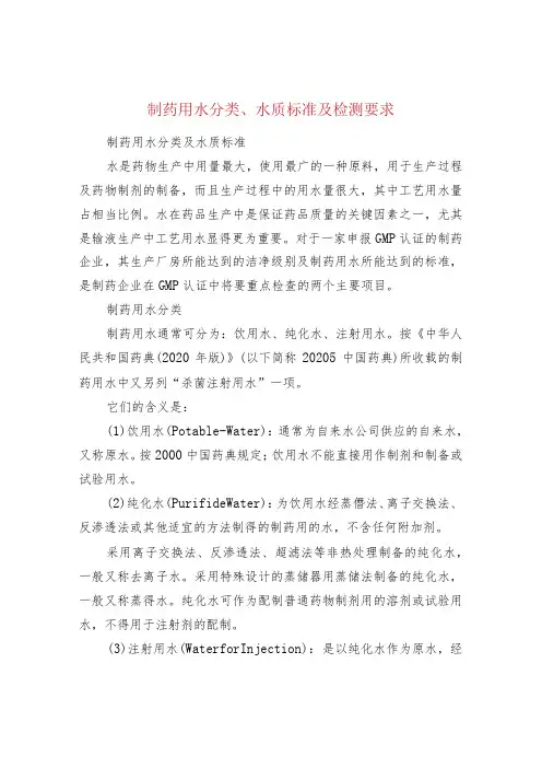 制药用水分类、水质标准及检测要求