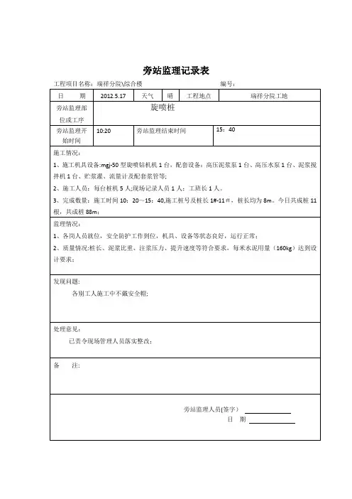 旋喷桩旁站监理记录表【范本模板】