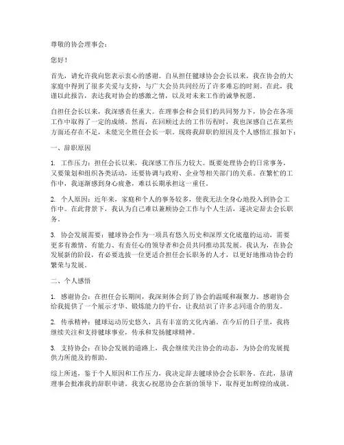 毽球协会会长辞职报告范文