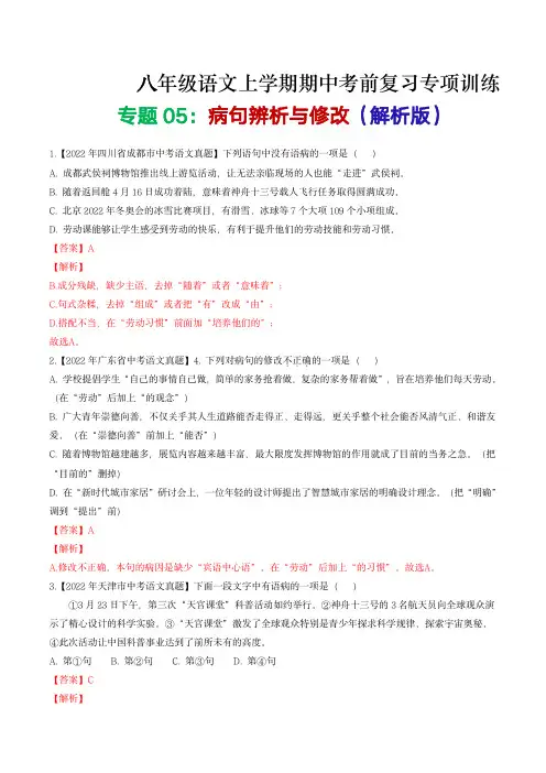 部编版八年级语文前复习专项训练专题 05：病句辨析与修改(解析版)