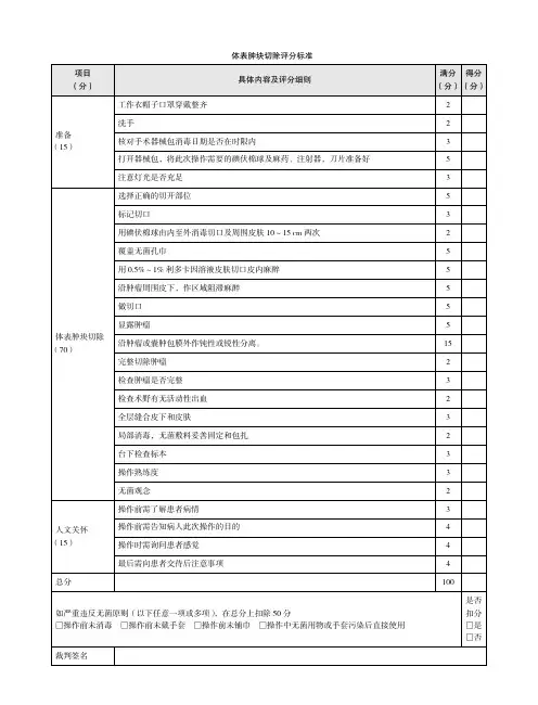 体表肿块切除评分标准