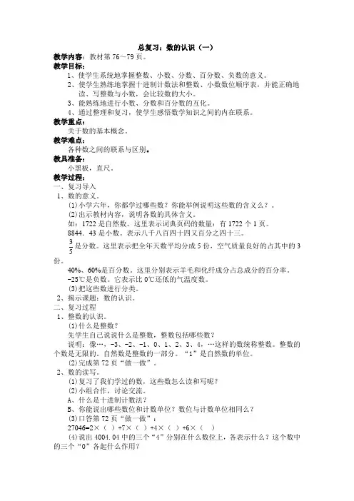 数学人教版六年级下册总复习《数学的认识》教学设计