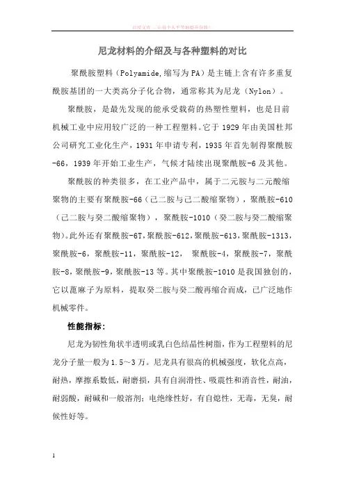 尼龙材料的介绍及与各种塑料的对比