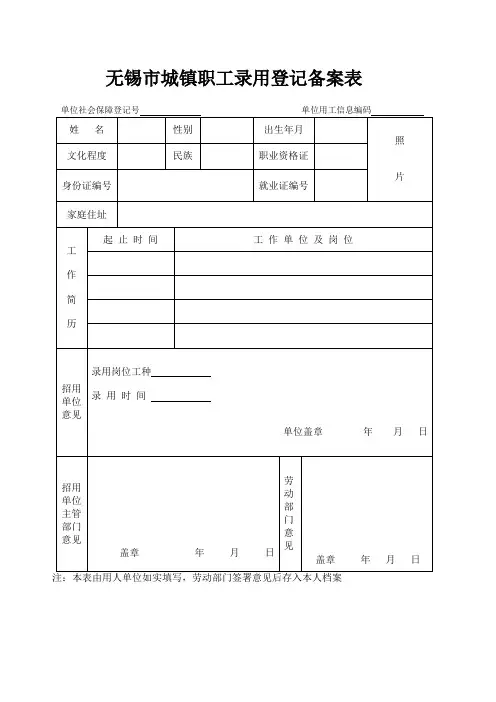 [录用备案]无锡市城镇职工录用登记备案表