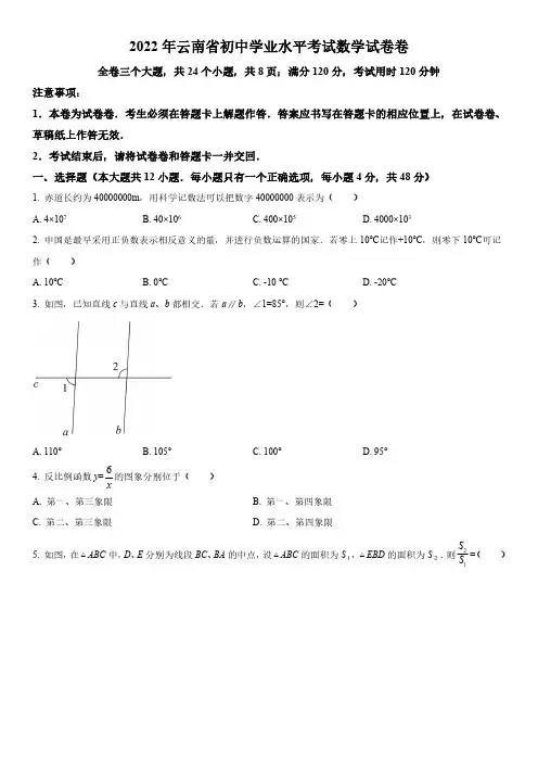 2022年云南省(初三学业水平考试)中考数学真题试卷含详解
