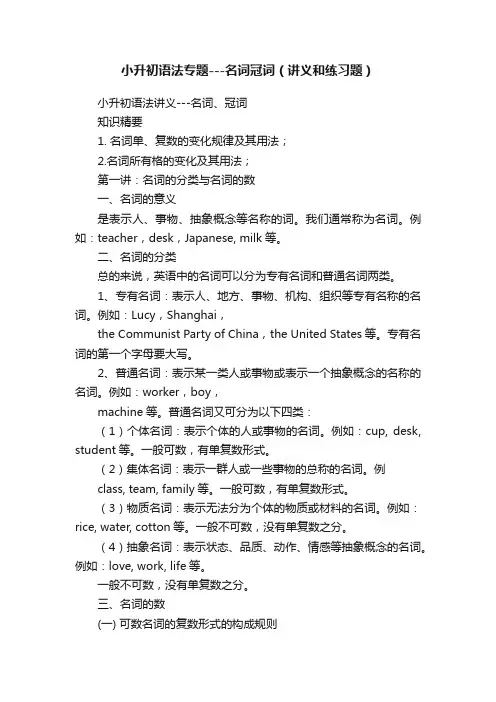 小升初语法专题---名词冠词（讲义和练习题）