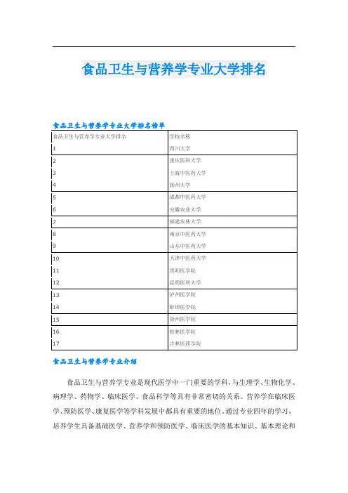 食品卫生与营养学专业大学排名