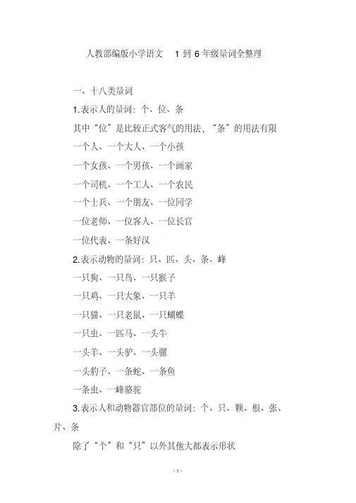 人教部编版小学语文1到6年级量词全整理