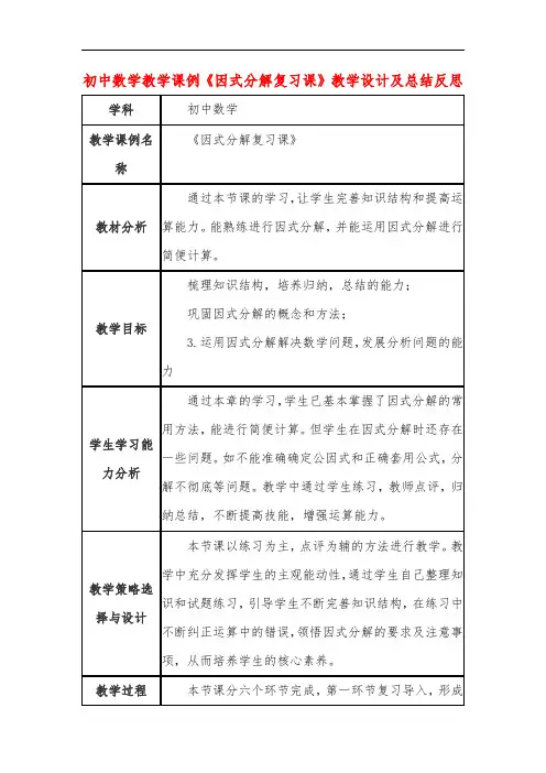 初中数学教学课例《因式分解复习课》教学设计及总结反思