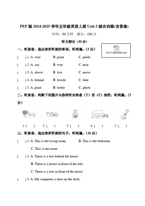 PEP版2024-2025学年五年级英语上册Unit 5综合训练(含答案)