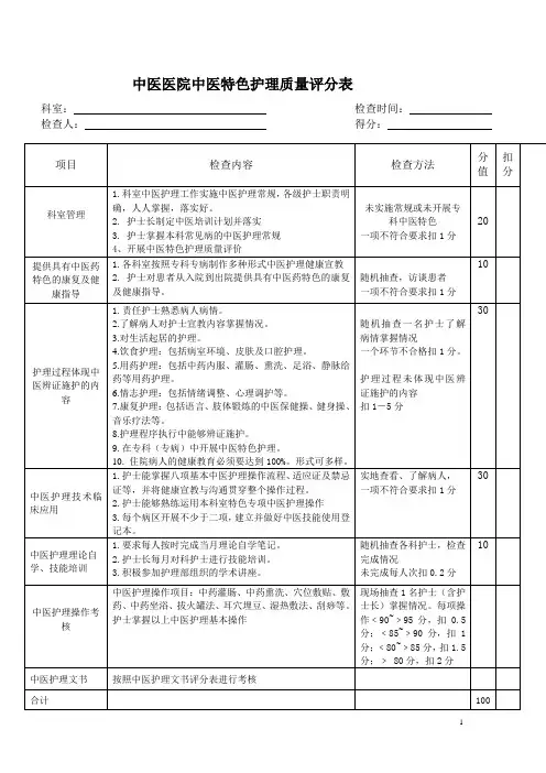 中医特色护理质量评价表