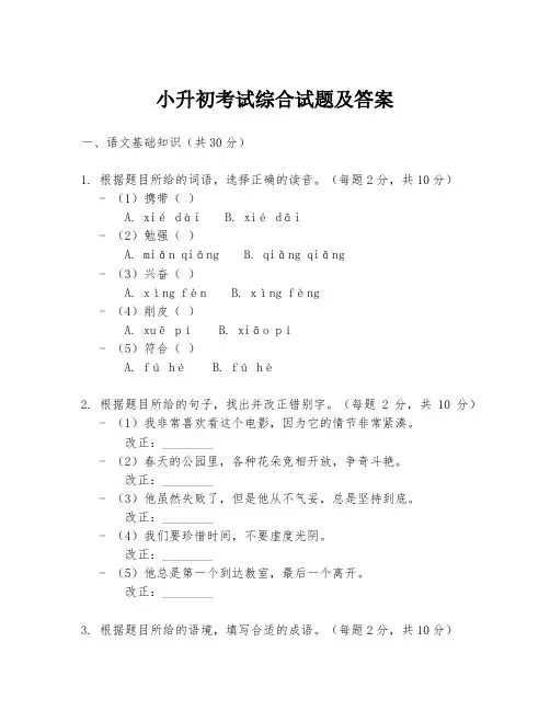 小升初考试综合试题及答案