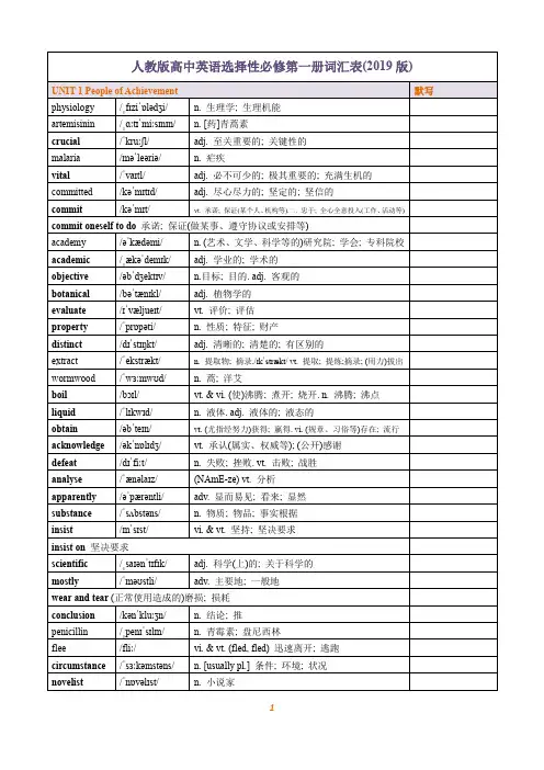 2019人教版高中英语选择性必修一单词表