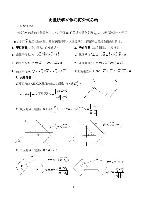 向量法解立体几何公式总结