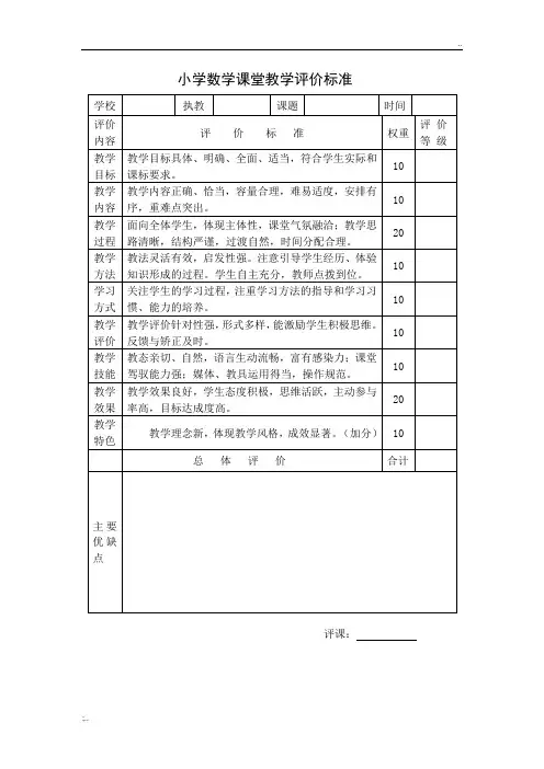 小学数学课堂教学评价标准表