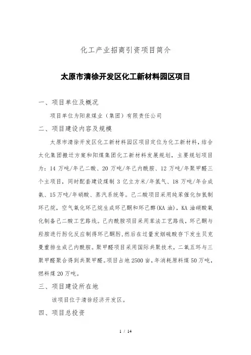 化工产业招商引资项目简介