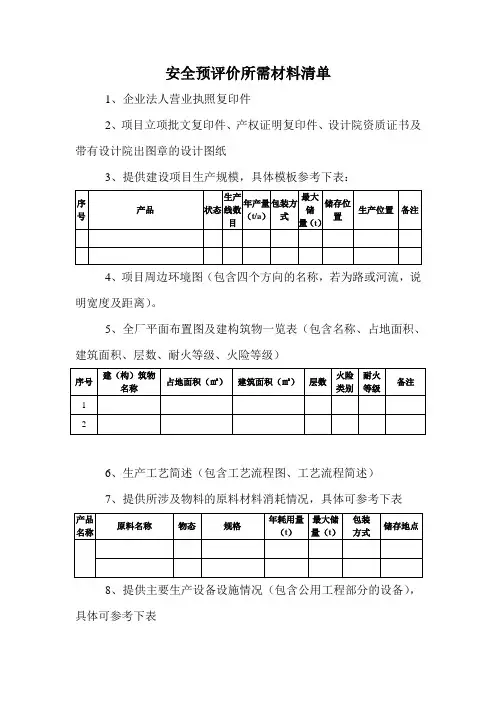 安全预评价所需材料清单