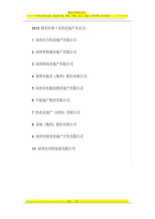 深圳房地产企业排名