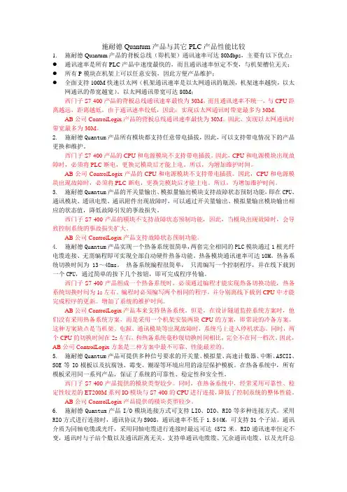 施耐德Quantum产品与其它PLC产品比较