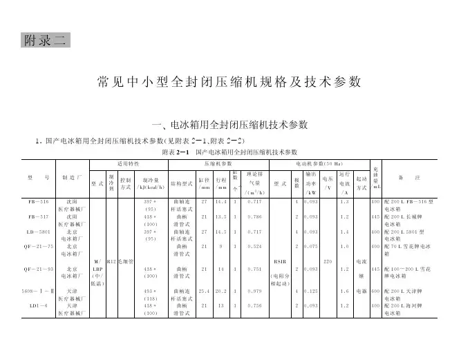 附录二常见中小型全封闭压缩机规格及技术参数