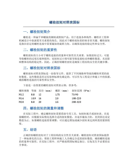 螺栓扭矩对照表国标