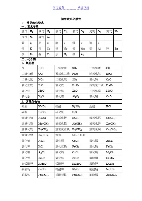 初中常见化学式大全 