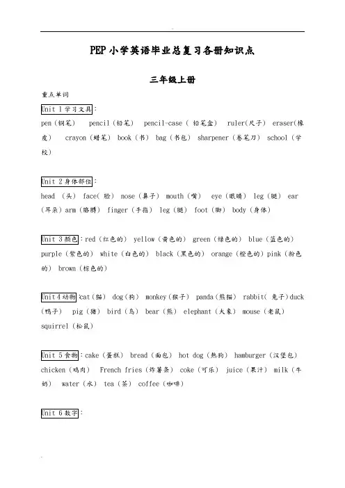 小学PEP英语毕业总复习之各册知识点