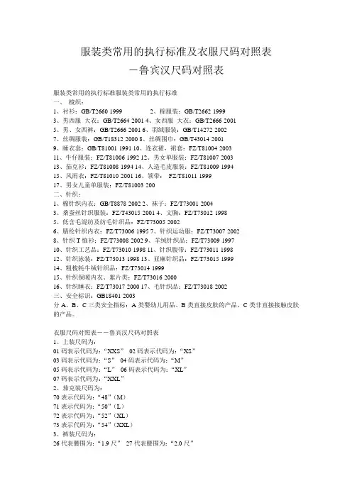 服装类常用的执行标准及衣服尺码对照表鲁宾汉尺码对照表