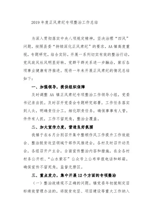 2019年度正风肃纪专项整治工作总结