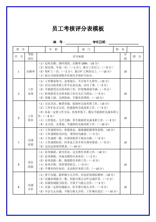 员工考核评分表模板