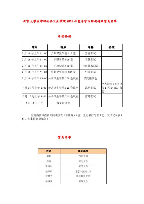 北京大学医学部公共卫生学院2013年夏令营活动安排及营员名单