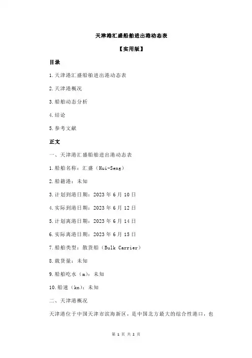 天津港汇盛船舶进出港动态表